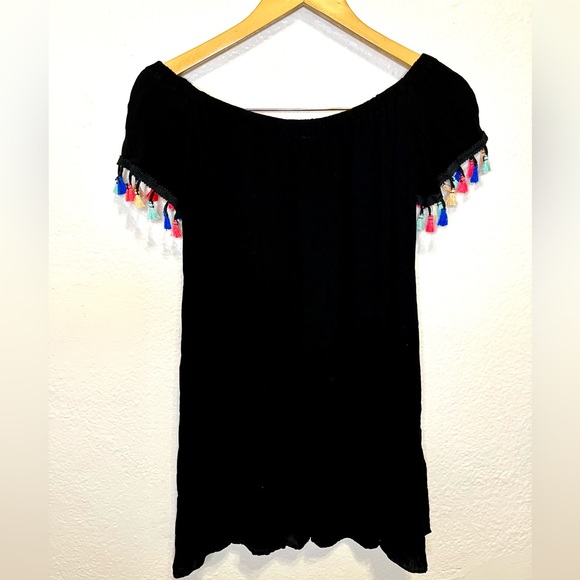 Black Off Shoulder Dress With Colorful Tassles - Picture 6 of 6